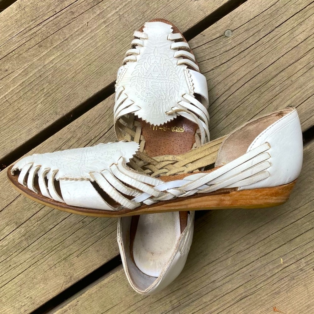 Shoes SANTA MONICA Sandals Boho Woven Leather Moon Stars White Wood Wedge Size 7